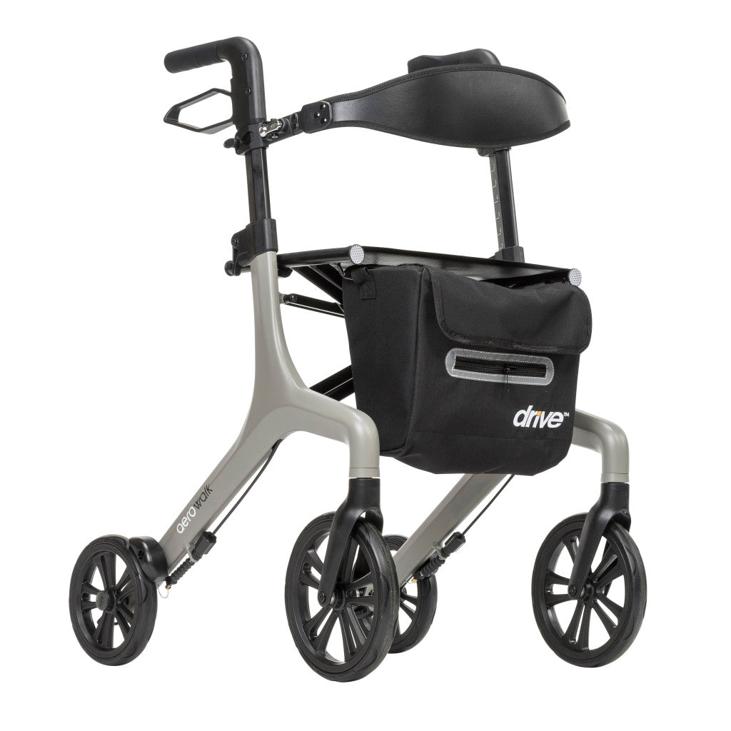 Aerowalk rollator, Standard, gray frame, black backrest and storage bag