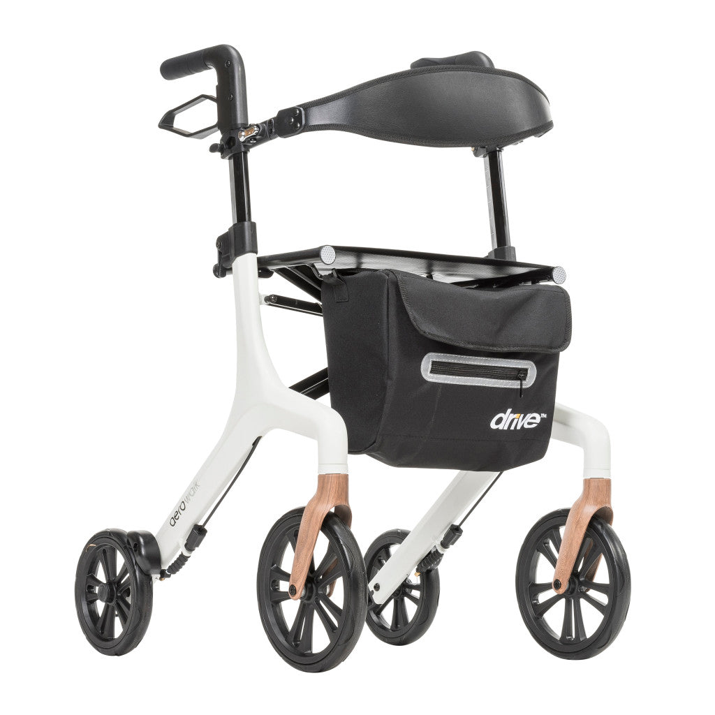 Aerowalk rollator, Standard, white frame, black backrest and storage bag