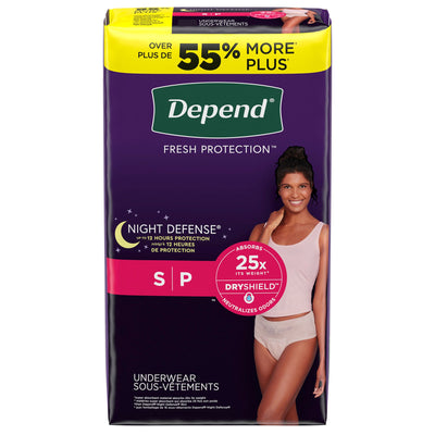 Depend Night Defense Underwear for Women, Small 16-count pack, front