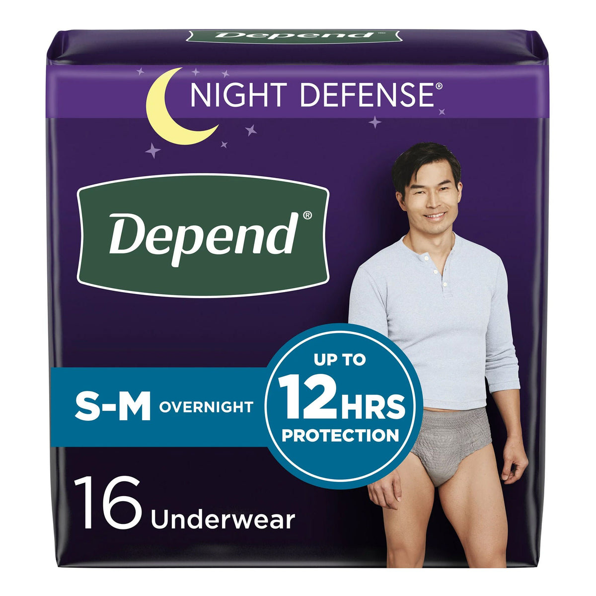 Depend Night Defense Underwear for Men, Small/Medium 16-count pack, front
