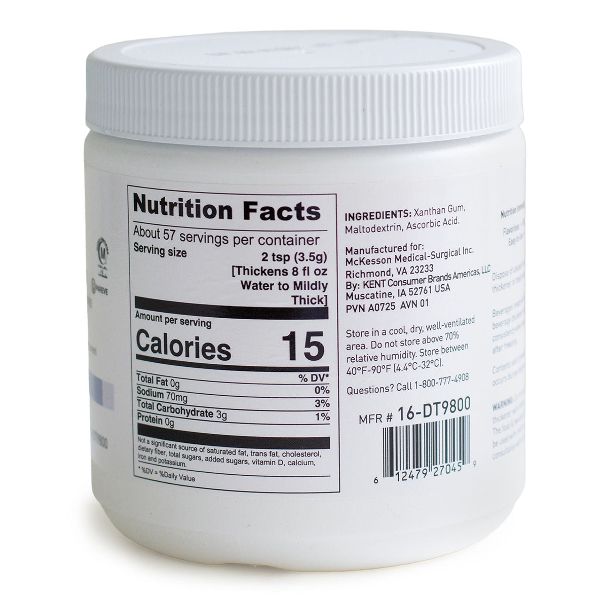 Back of McKesson Clear Food and Beverage Thickener canister with mixing directions