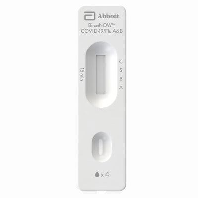 Abbott BinaxNOW COVID-19/Flu A&B test cassette, front view