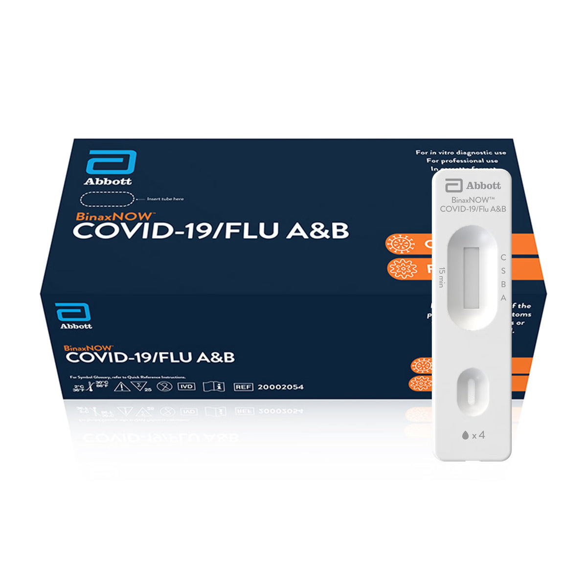 Abbott BinaxNOW COVID-19/Flu A&B 25-test kit box with test cassette