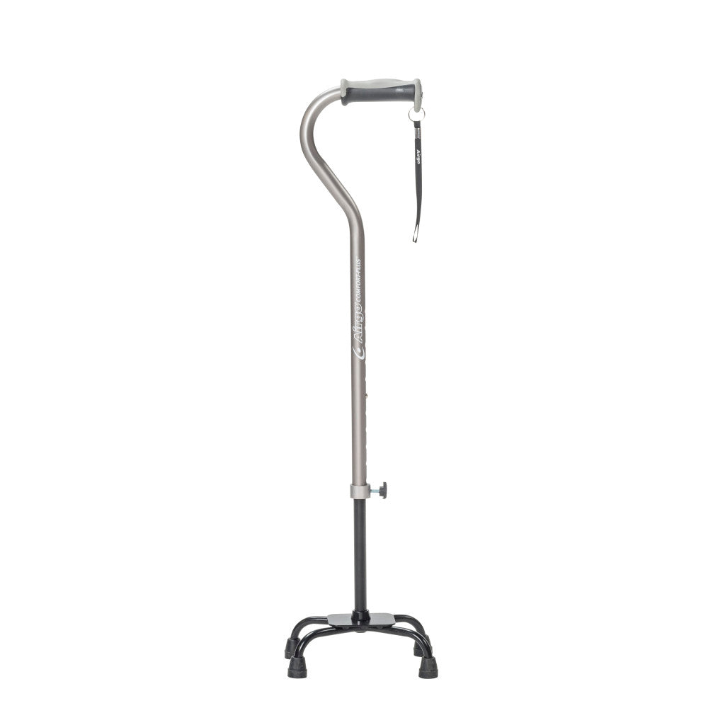 Charcoal Airgo quad cane with black K-shaped four-foot base and cushion-top handle