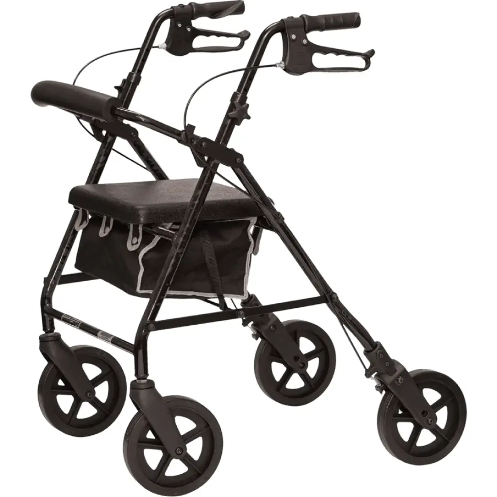 Black ProBasics aluminum rollator with seat, padded backrest and 8-inch wheels