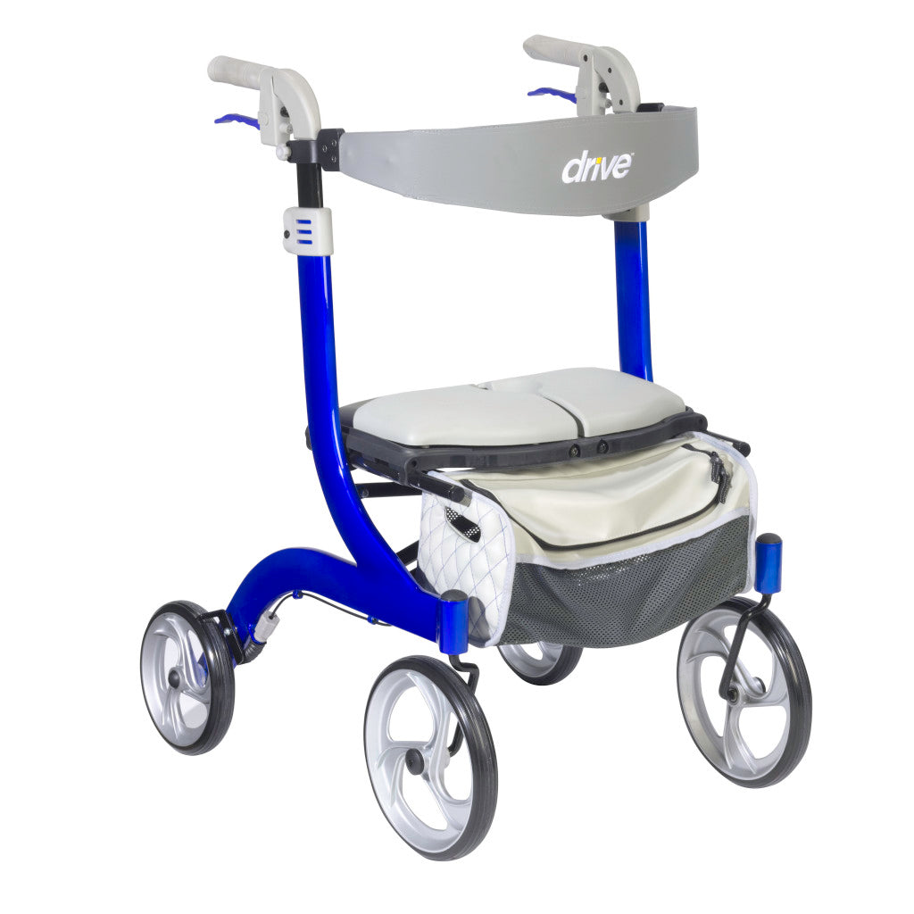 Nitro DLX rollator with blue frame, gray backstrap, firm seat and storage bag
