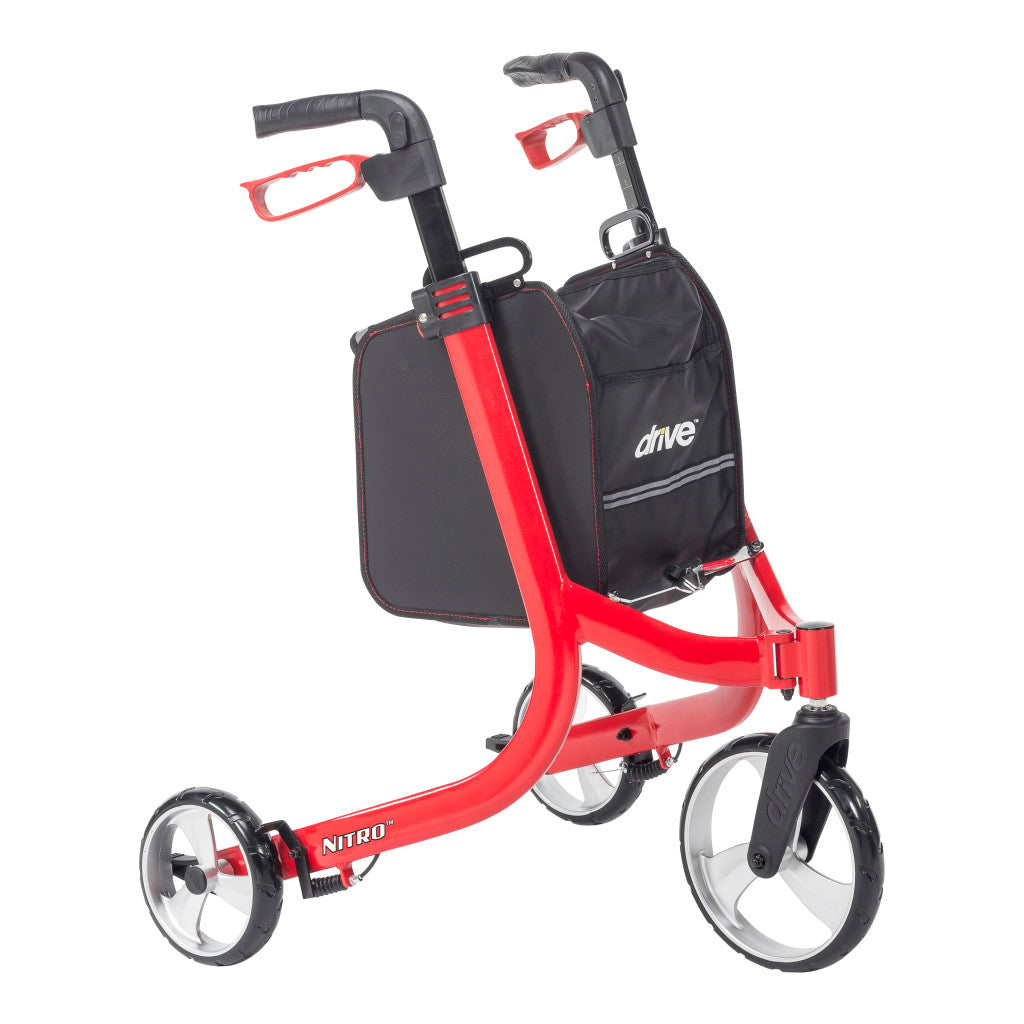 Red Nitro 3-wheel rollator, front view with black storage pouch