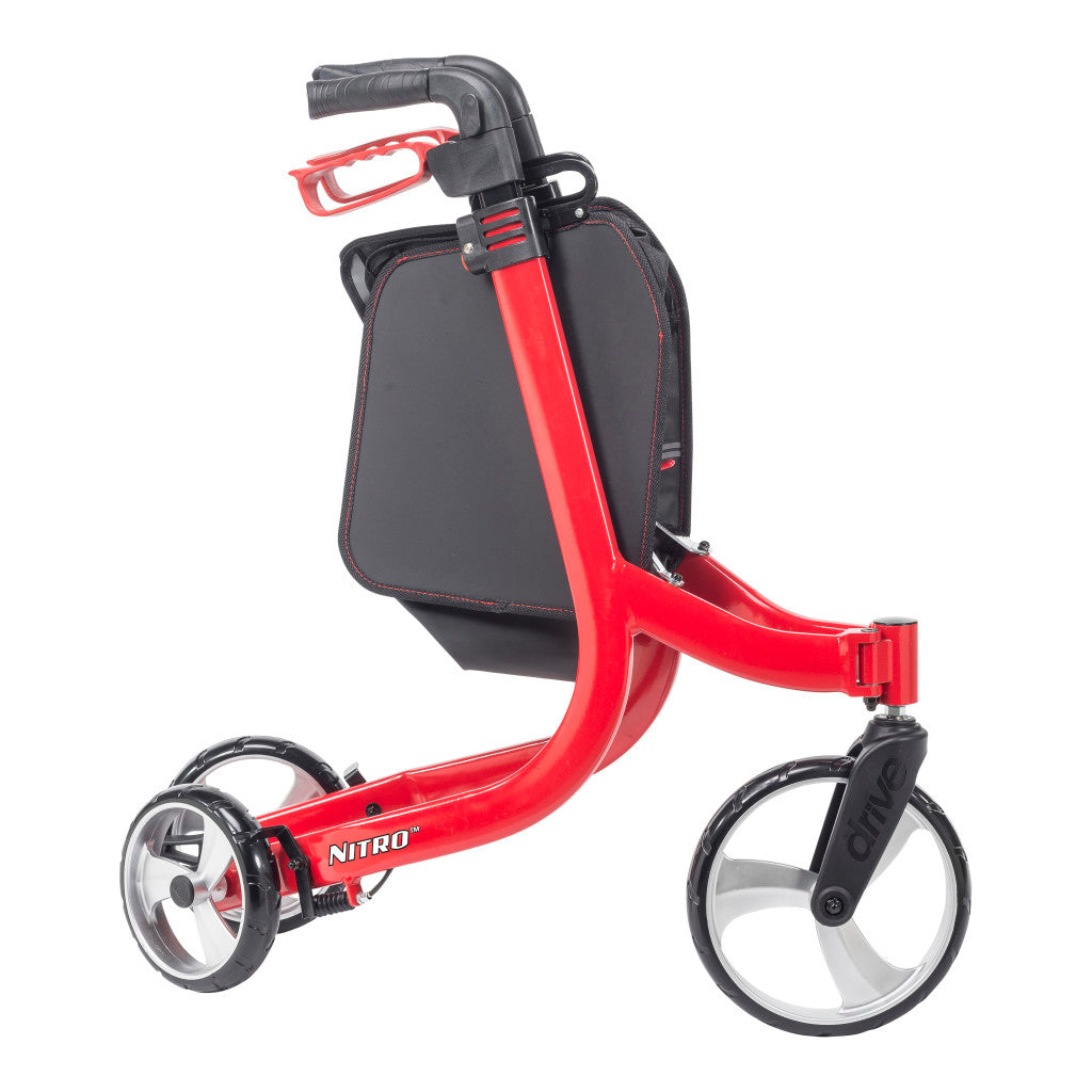 Red Nitro 3-wheel rollator, rear three-quarter angle