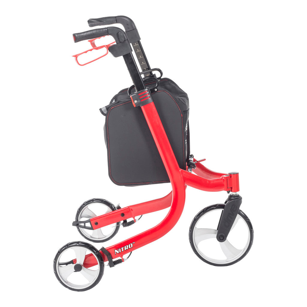 Red Nitro 3-wheel rollator, side angle with storage pouch