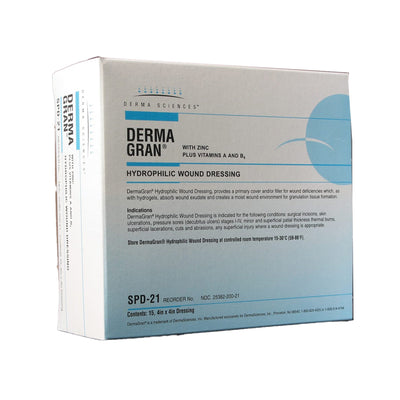 A box of Dermagran B Zinc Impregnated Dressing, which is a hydrophilic wound dressing measuring 4 x 4 inches, designed for chronic and acute wounds.
