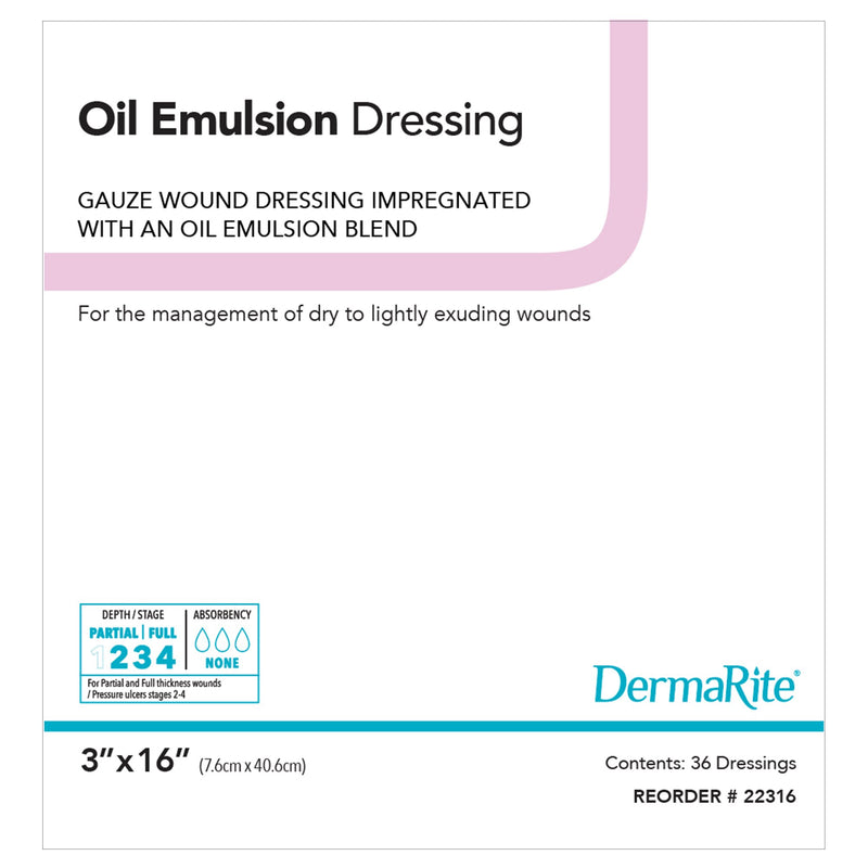 Packaging for DermaRite Oil Emulsion Wound Dressing, indicating it is for dry to lightly exudating wounds, with 30 dressings per pack, size 3x16 inches.