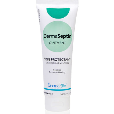 A tube of DermaSeptin Skin Protectant Scented Ointment with cooling menthol, intended for soothing and healing skin irritations.