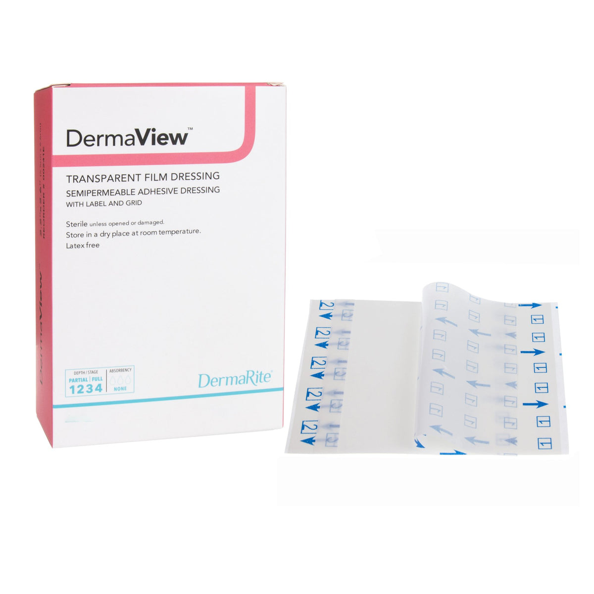Packaging and a transparent film dressing for wound care, allowing visibility of the dressing material.