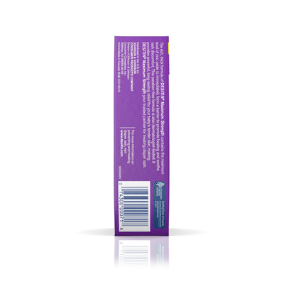 Purple product label with text and a barcode on a white background