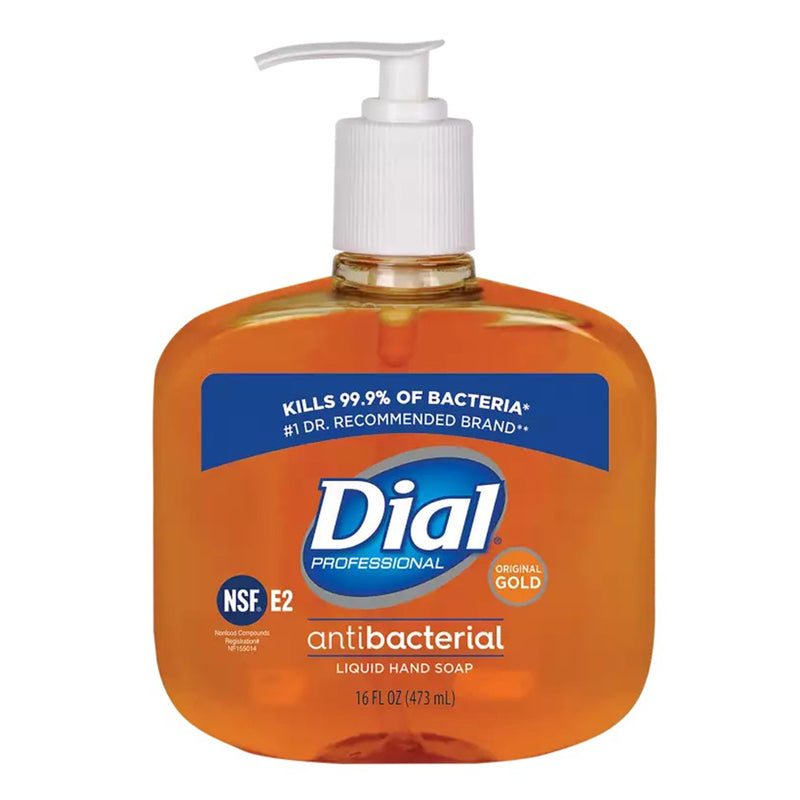 A pump bottle of Dial Antimicrobial Liquid Hand Soap with the label displaying its effectiveness in killing 99.9% of bacteria.