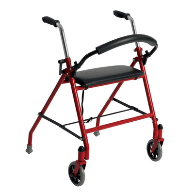 Drive Medical™ Aluminum Dual Release Folding Walker with Wheels and Seat Red 29" - 38"