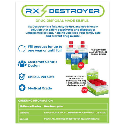 Advertisement for Rx Destroyer drug disposal product with features and ordering information.