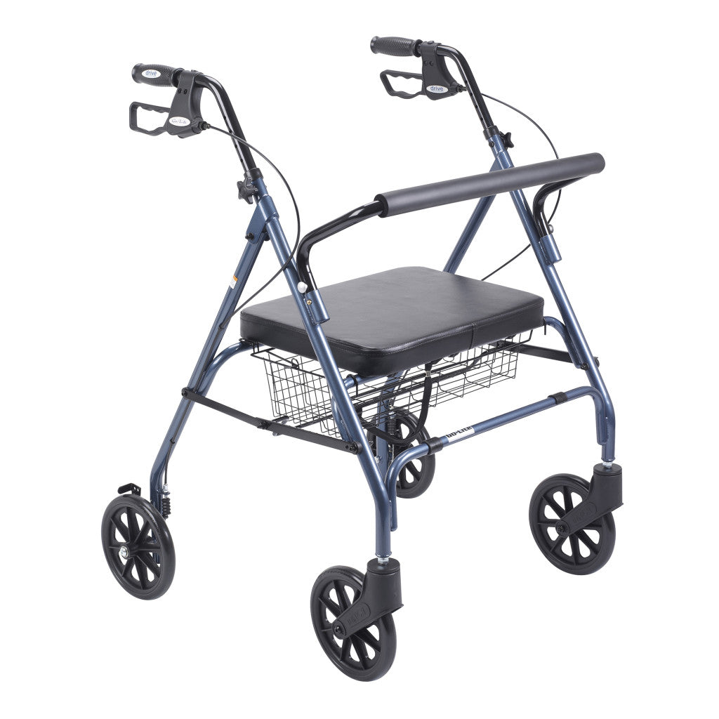 Go-Lite bariatric steel rollator, blue frame, padded seat, backrest and basket