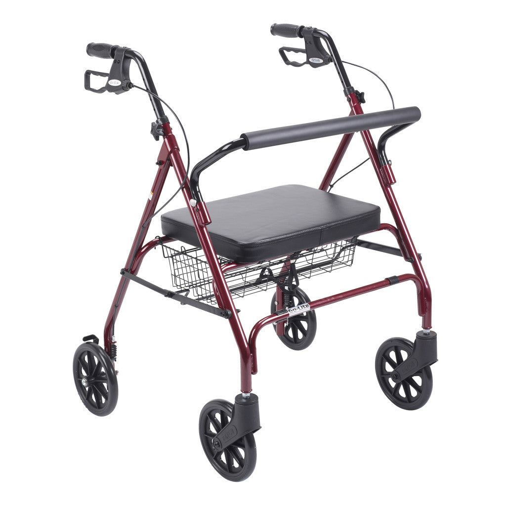 Go-Lite bariatric steel rollator, red frame, padded seat, backrest and basket