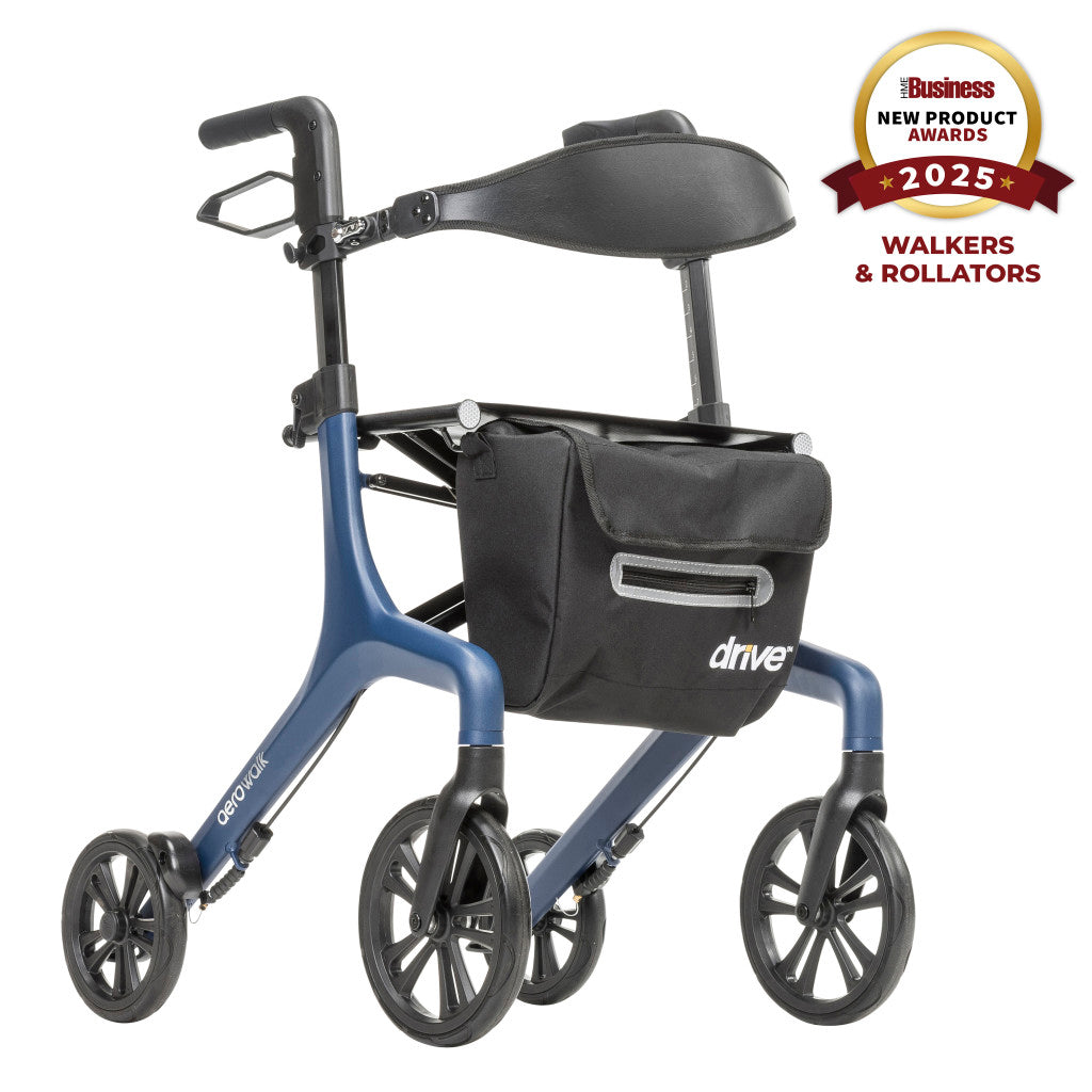 Aerowalk rollator, Tall, blue frame, black backrest and storage bag
