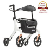 Aerowalk rollator, Tall, white frame, black backrest and storage bag