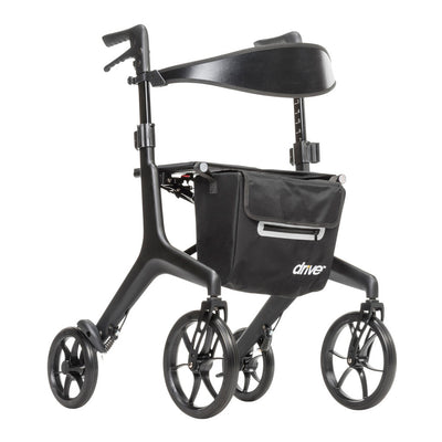 Aerocarbon rollator with carbon fiber frame, black backrest and storage bag