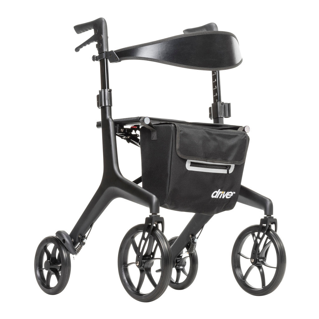 Aerocarbon rollator with carbon fiber frame, black backrest and storage bag