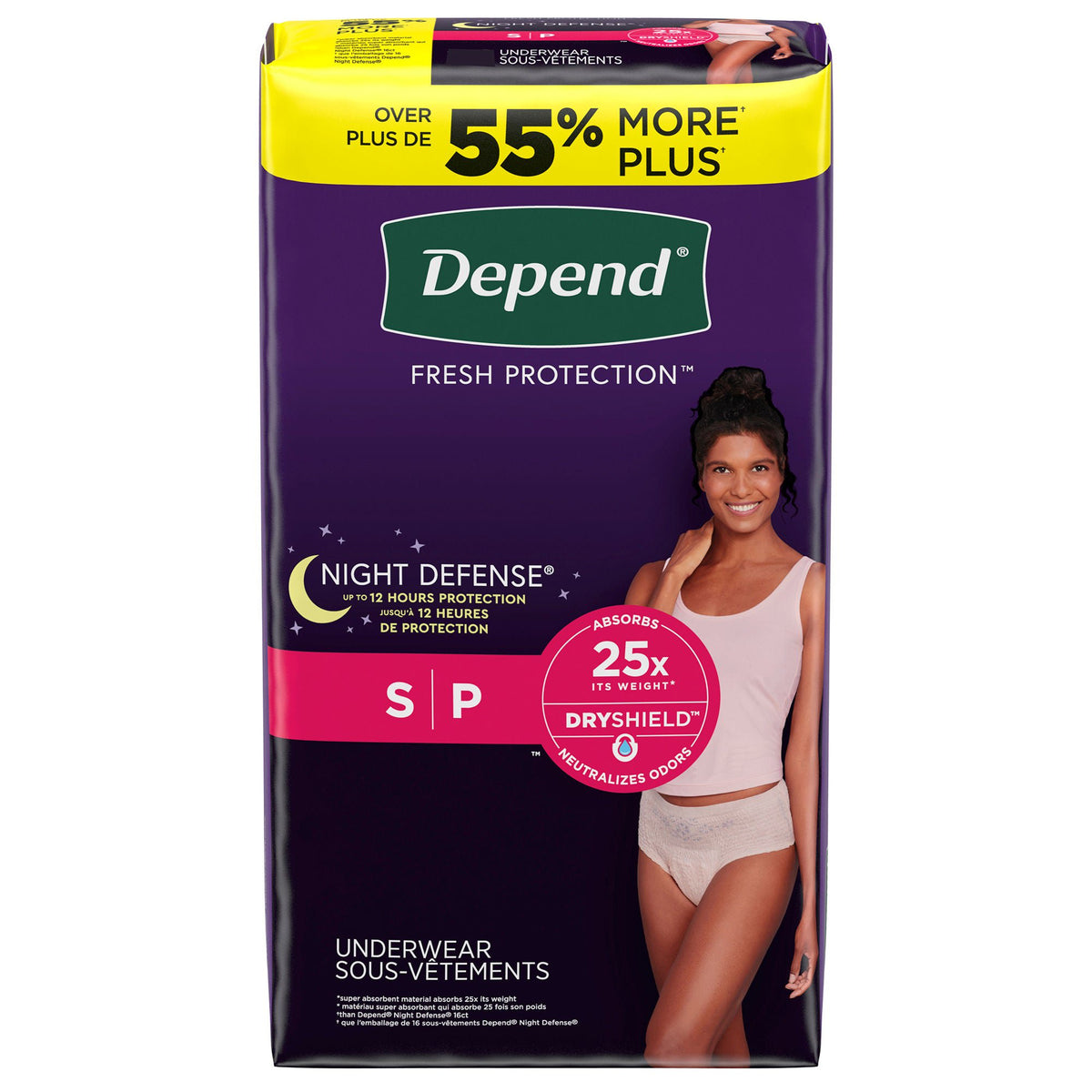 Depend Night Defense Underwear for Women, Small 16-count pack, front
