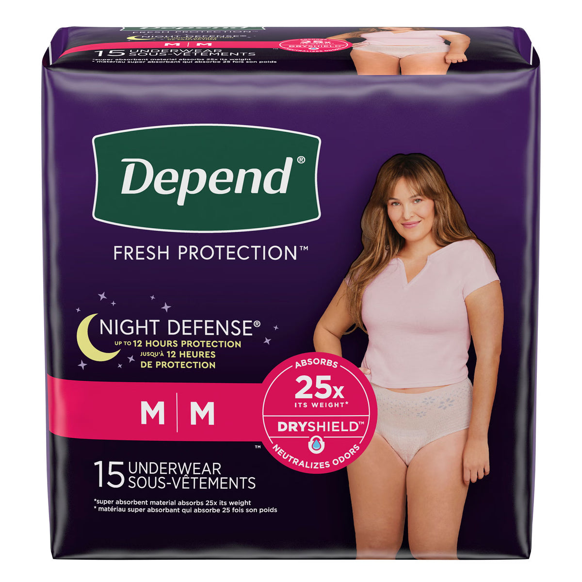 Depend Night Defense Underwear for Women, Medium 15-count pack, front