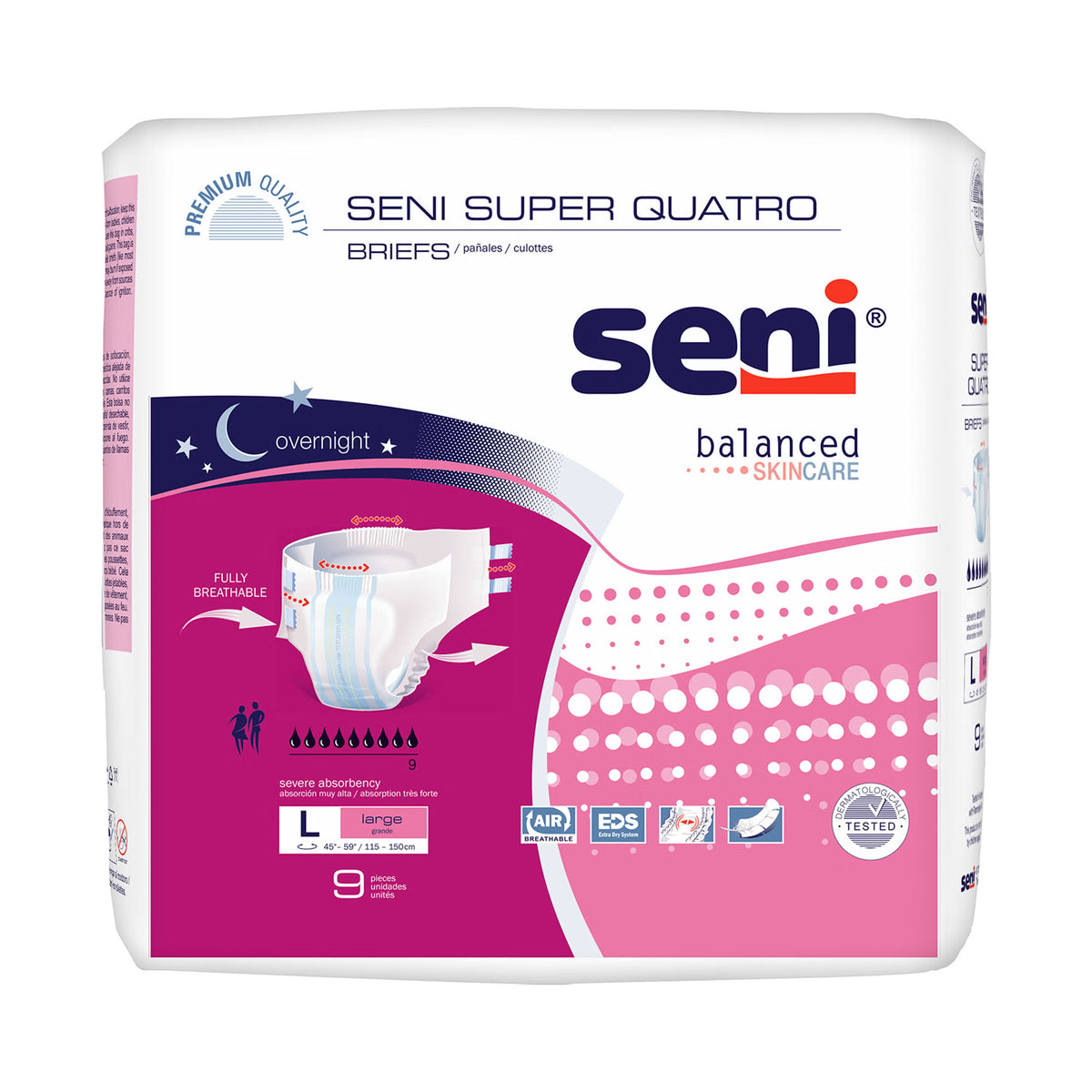 Seni Super Quatro Adult Briefs, Large 9-count bag, front