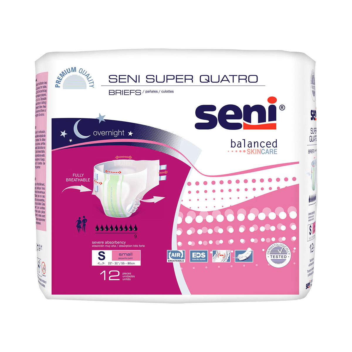 Seni Super Quatro Adult Briefs, Small 12-count bag, front