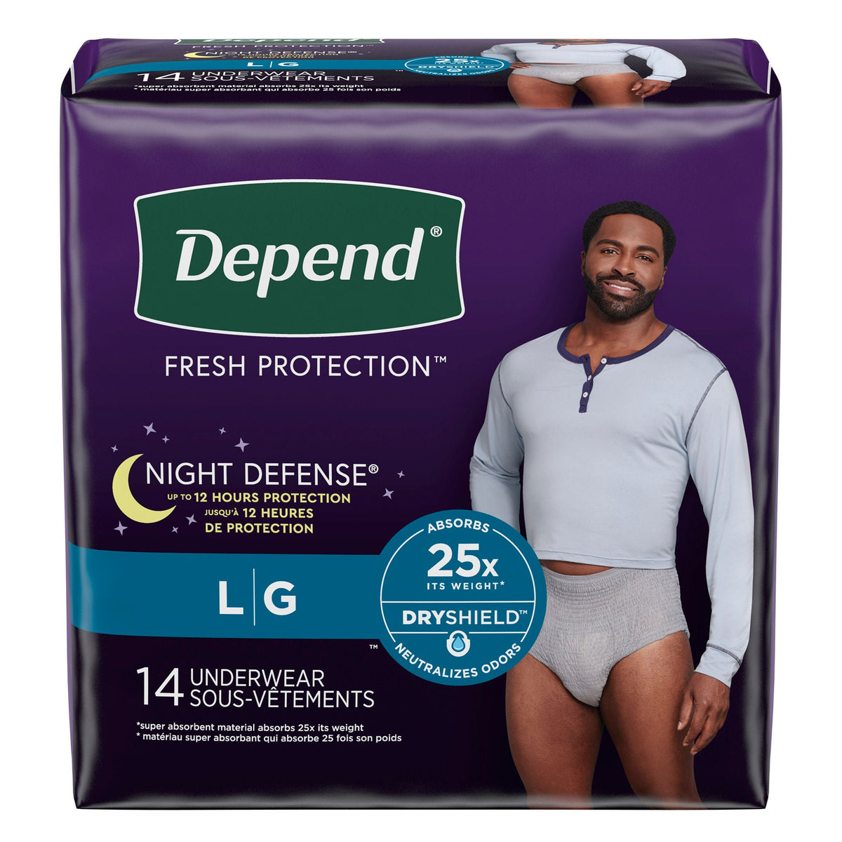 Depend Night Defense Underwear for Men, Large 14-count pack, front