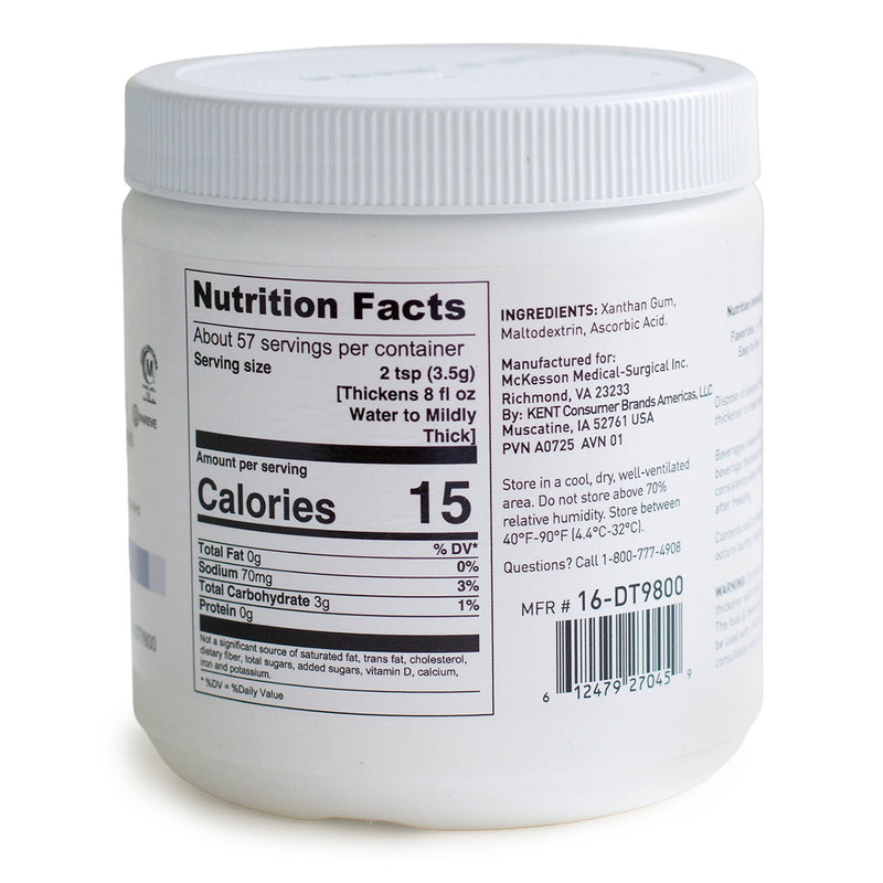 Back of McKesson Clear Food and Beverage Thickener canister with mixing directions