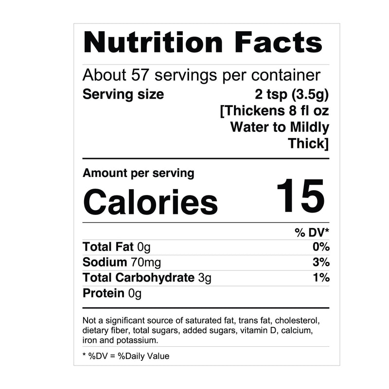 Nutrition Facts panel, 15 calories per 2 tsp serving