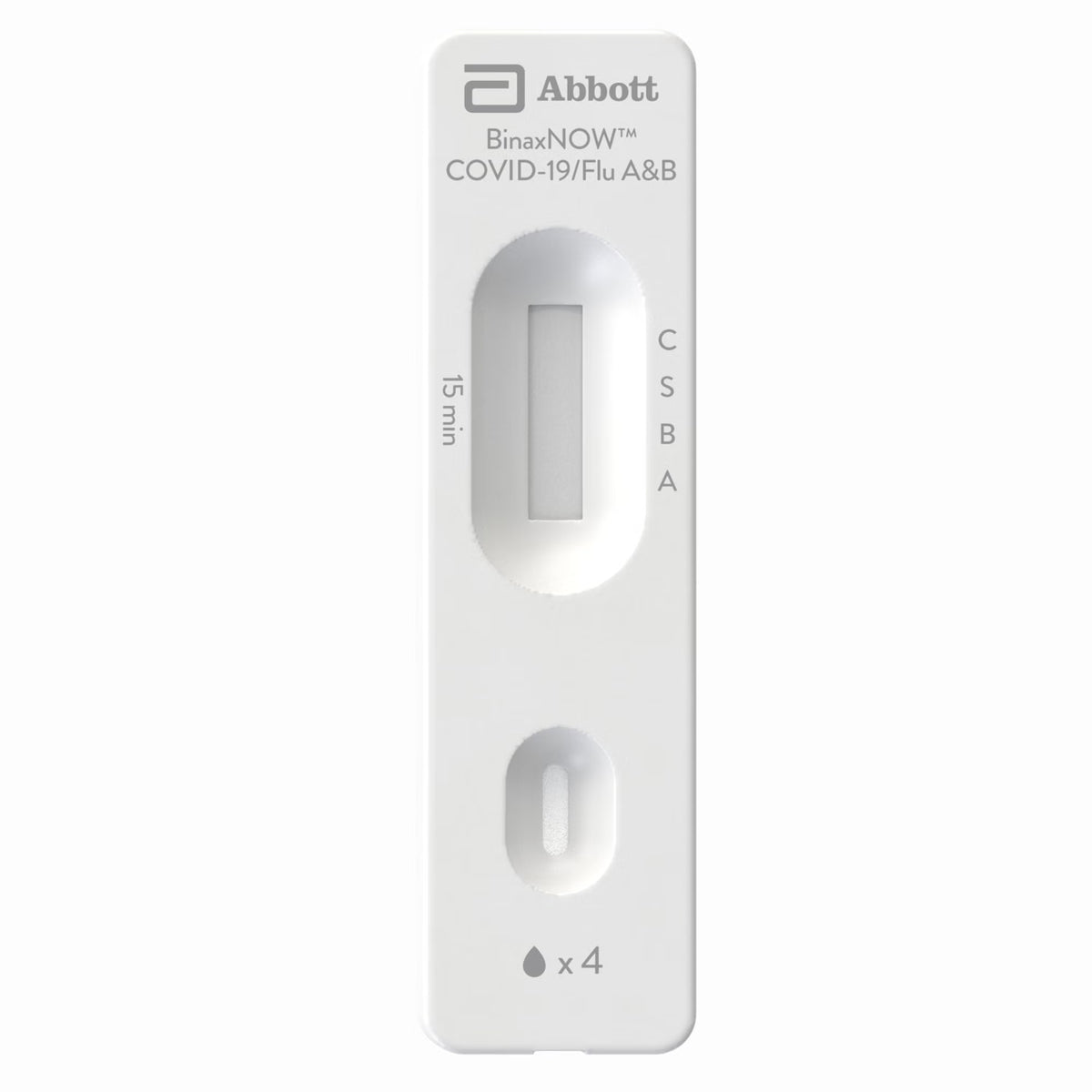 Abbott BinaxNOW COVID-19/Flu A&B test cassette, front view
