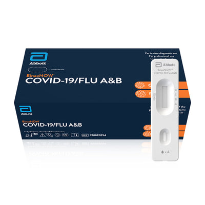 Abbott BinaxNOW COVID-19/Flu A&B 25-test kit box with test cassette