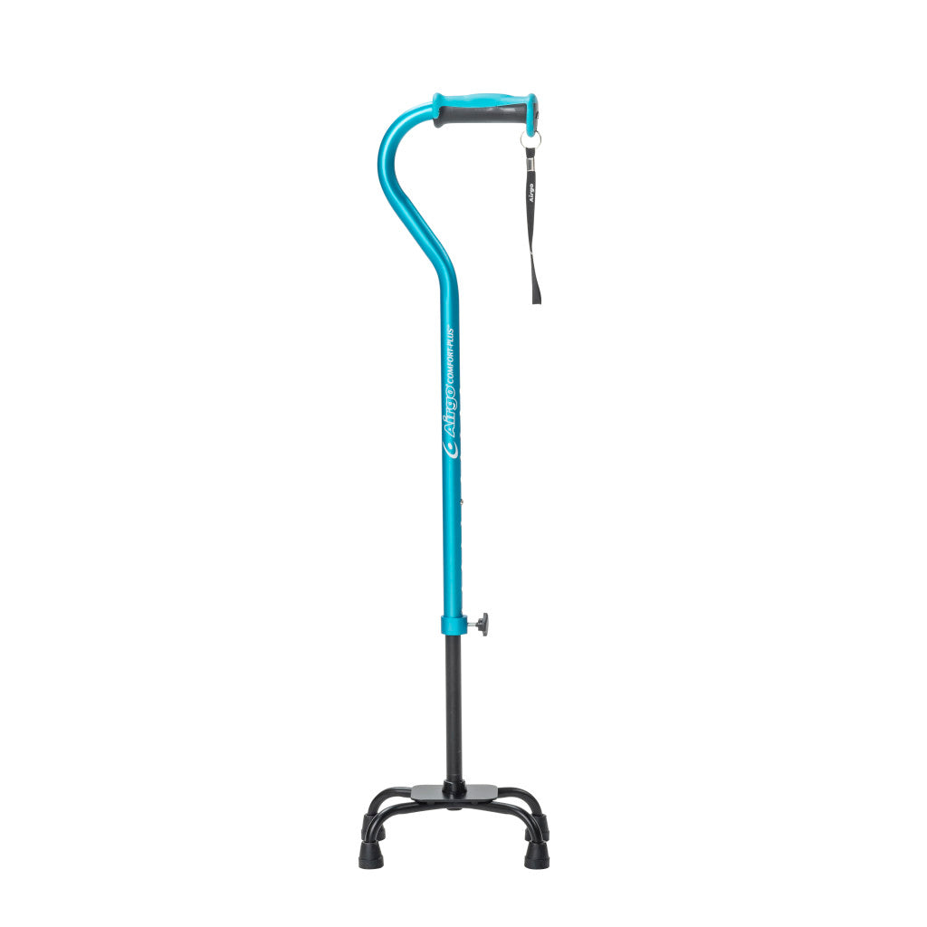 Blue Airgo quad cane with black K-shaped four-foot base and cushion-top handle