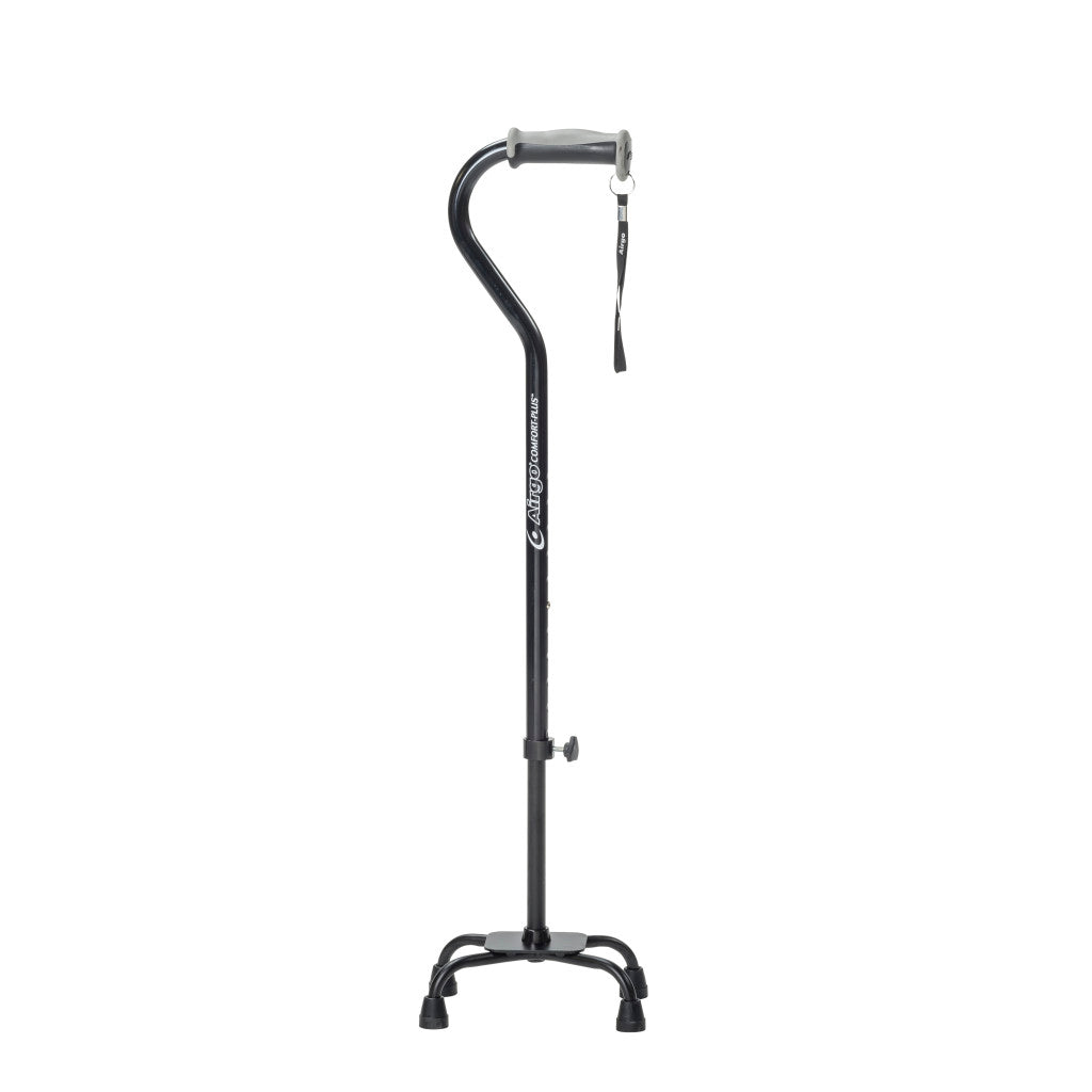 Black Airgo quad cane with K-shaped four-foot base and cushion-top handle