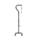 Black Airgo quad cane with K-shaped four-foot base and cushion-top handle