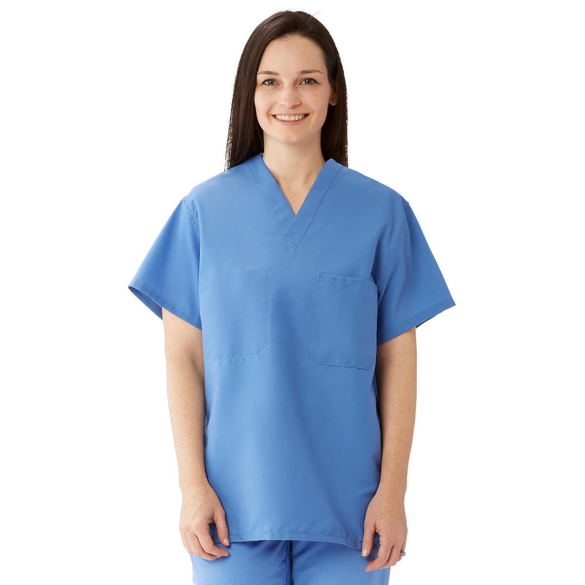 Medline ComfortEase Unisex Reversible Scrub Tops with 2 Pockets Ceil Blue XS 