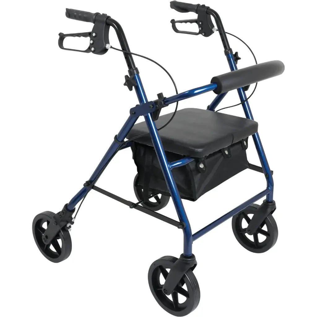 Blue ProBasics aluminum rollator with seat, padded backrest and 8-inch wheels