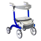 Nitro DLX rollator with blue frame, gray backstrap, firm seat and storage bag