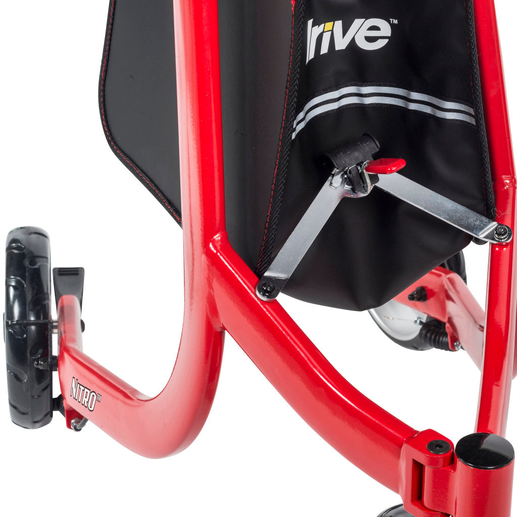 Close-up of the Nitro rollator fold hardware and Drive-branded pouch
