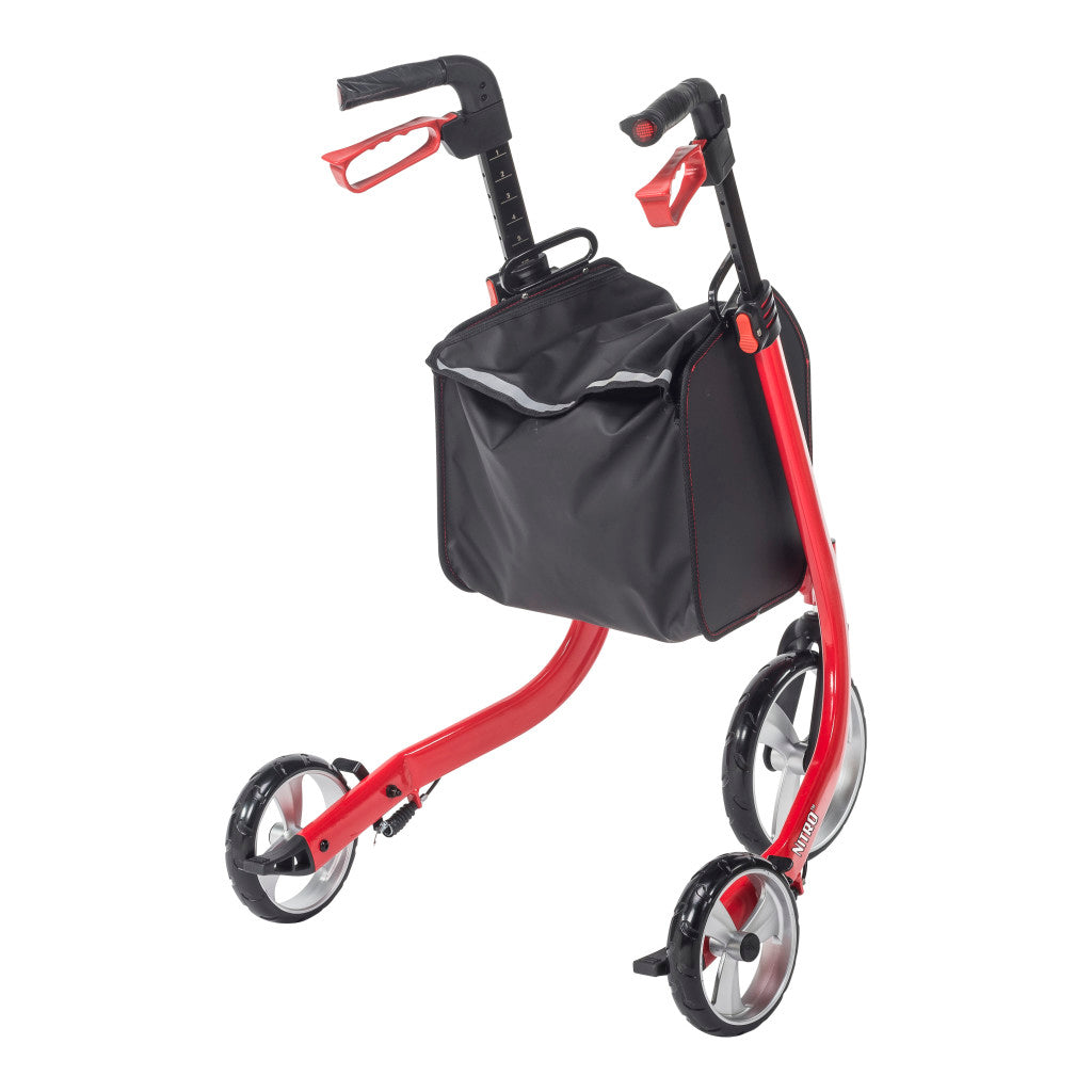 Red Nitro 3-wheel rollator, front three-quarter angle