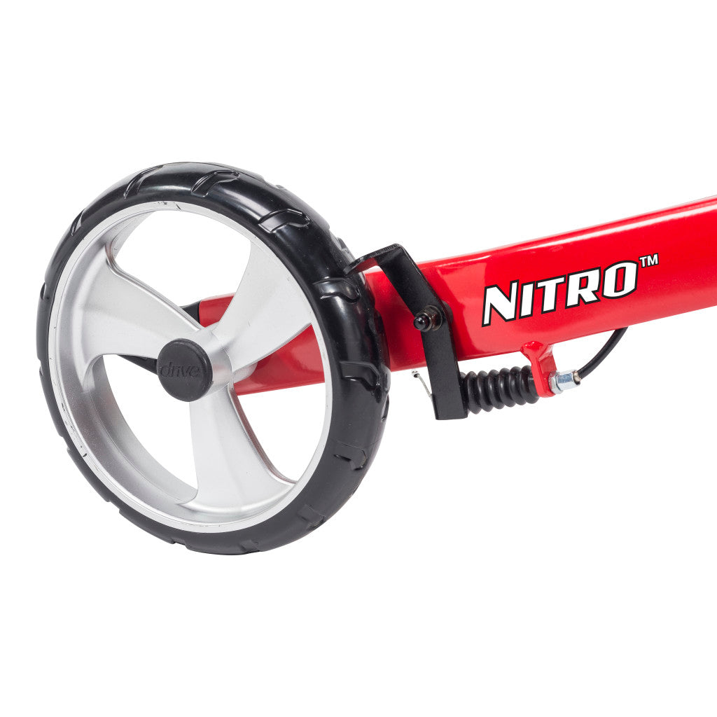 Close-up of the Nitro rollator front wheel and frame