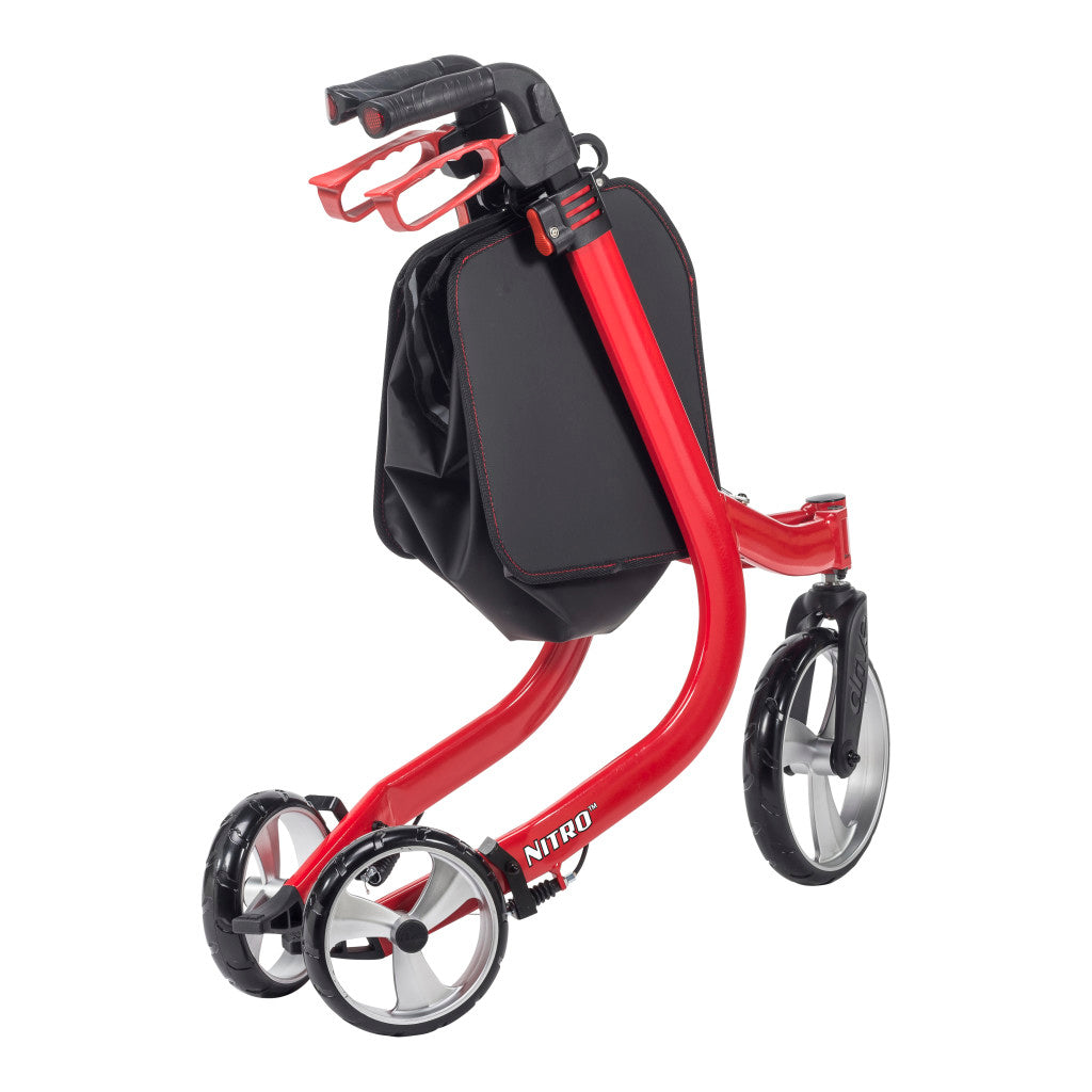 Red Nitro 3-wheel rollator, angled view with storage pouch