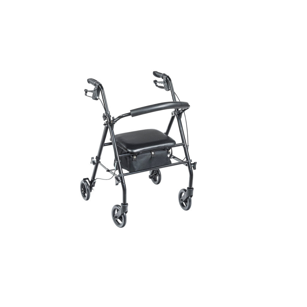 Travel rollator with black steel frame, padded seat, backrest and 6-inch wheels