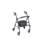 Travel rollator with black steel frame, padded seat, backrest and 6-inch wheels