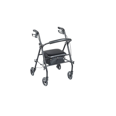 Travel rollator with black steel frame, padded seat, backrest and 6-inch wheels