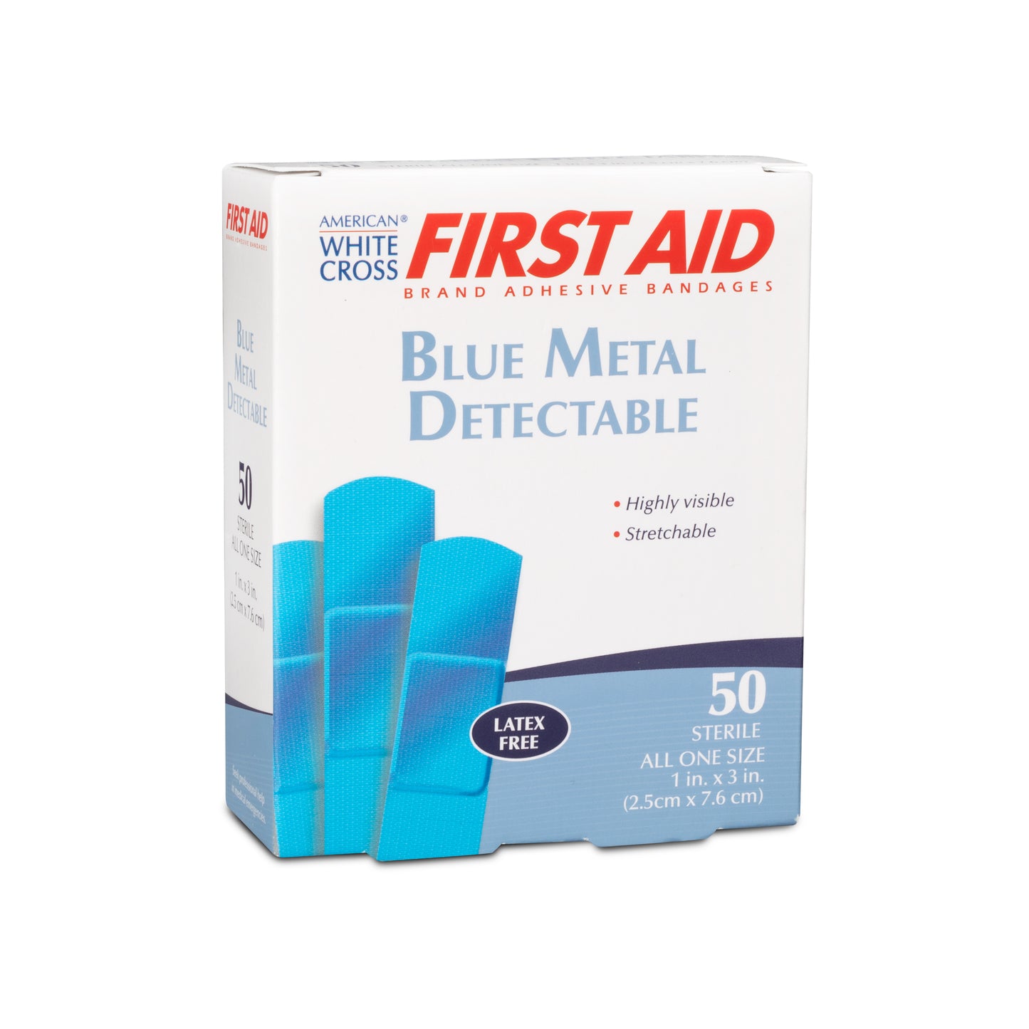 American® White Cross Blue Metal Detectable Adhesive Strip Blue 1" x 3" Box of 100